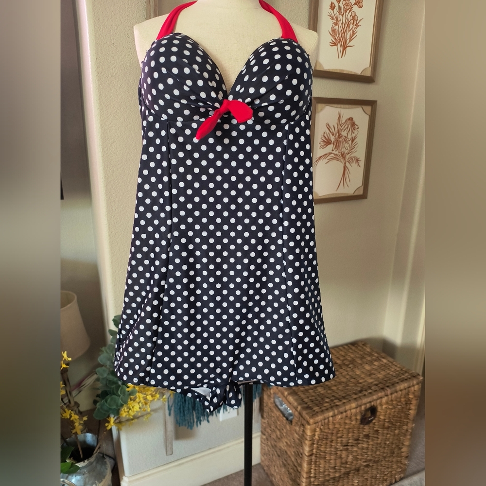 Polka Dot Swimsuit with Red Bow